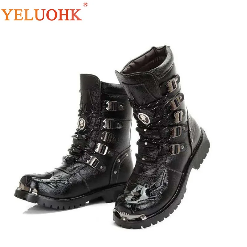 Ботинки мужские мотоциклетные ботинки с металлическим черепом Мужская обувь из