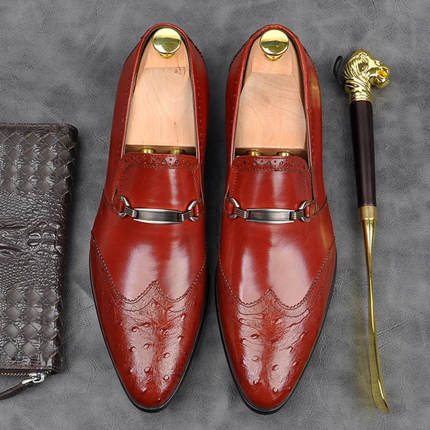 

Italian Genuine Leather Metal Trim Formal Dress Wingtip Brogues Shoes Pointed Toe Slip on Men's Ostrich Pattern Loafers AM117