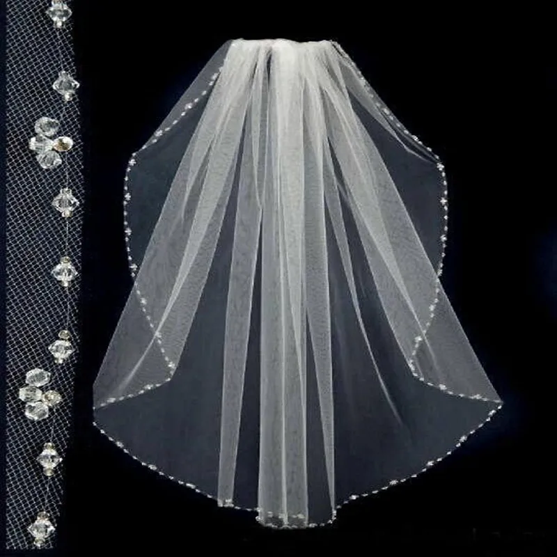 2016 горячие бисером Край Дешевые Короткие Свадебные вуали белый vory Тюль Один Слои