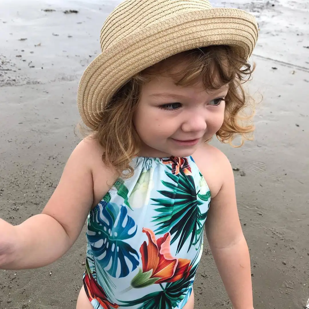 Слитный купальник для девочек летняя одежда купания с тропическим принтом без