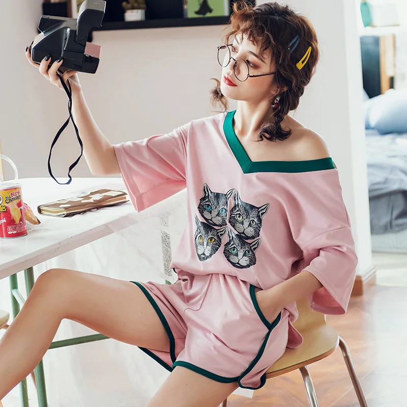 Пижамный комплект летний из 100% хлопка Женская милая рубашка с коротким рукавом и