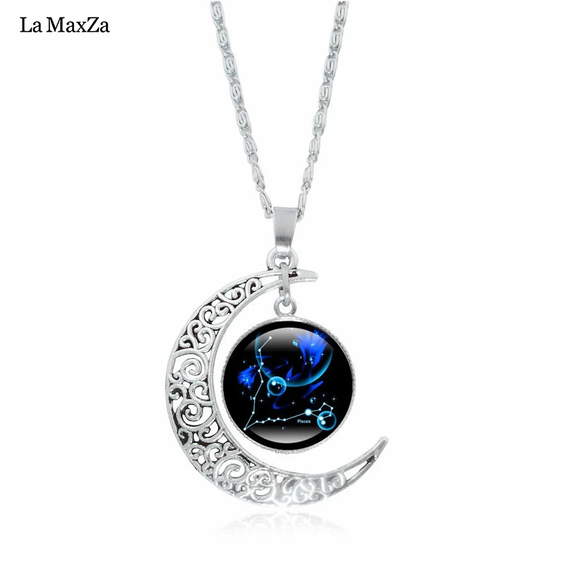 

Fashion 12 Constellations Glass Dome Pendant Bronze Zodiac Necklace Vintage Carved Moon Sign Gems Women Fashion Jewelry Gift Hot