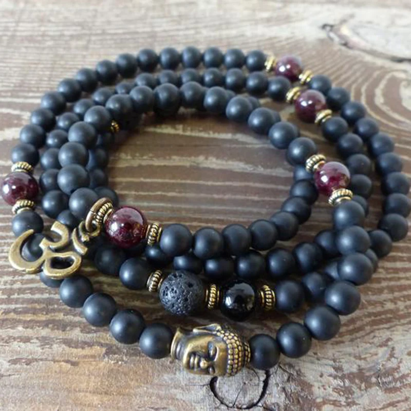 Мужские браслеты для медитации черные матовые из оникса 108 бусины молитвы