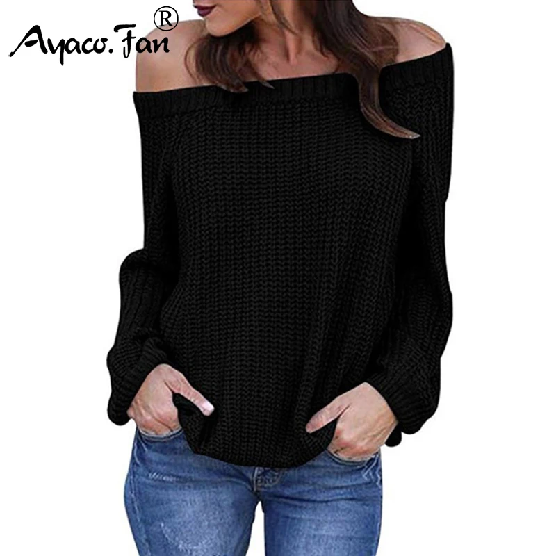 Pullovers 2019 Autumn Winter New Solid Off Shoulder Lantern Sleeve Knitted Sweaters for Women Female Lady Loose Pull Plus Size | Женская