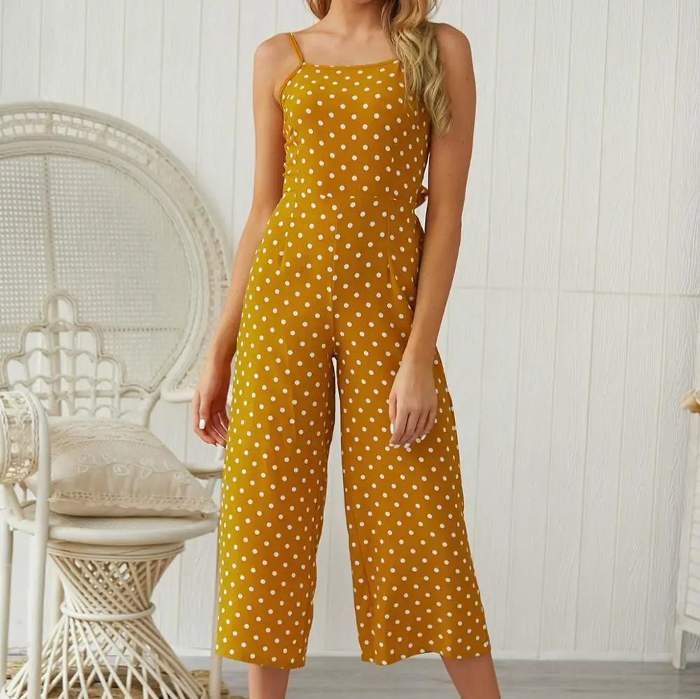 брючный комбинезон женский летний мода 2019 в горошек с широкими брюками свободные