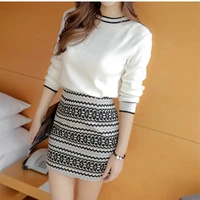 women sets 2021 spring knitting long sleeve o neck white crop tops package hip print short skirts 2 piece set ladies tracksuit