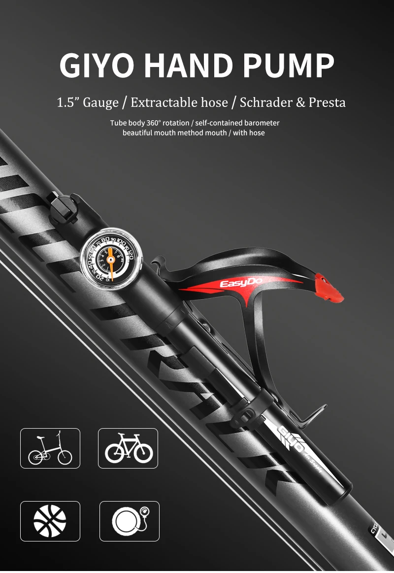 GIYO велосипедный насос, вилка, шина, ударные велосипедные насосы, Bomba Bicicleta, велосипедный дорожный велосипедный воздушный насос, клапан Presta Schrader, извлекаемый шланг