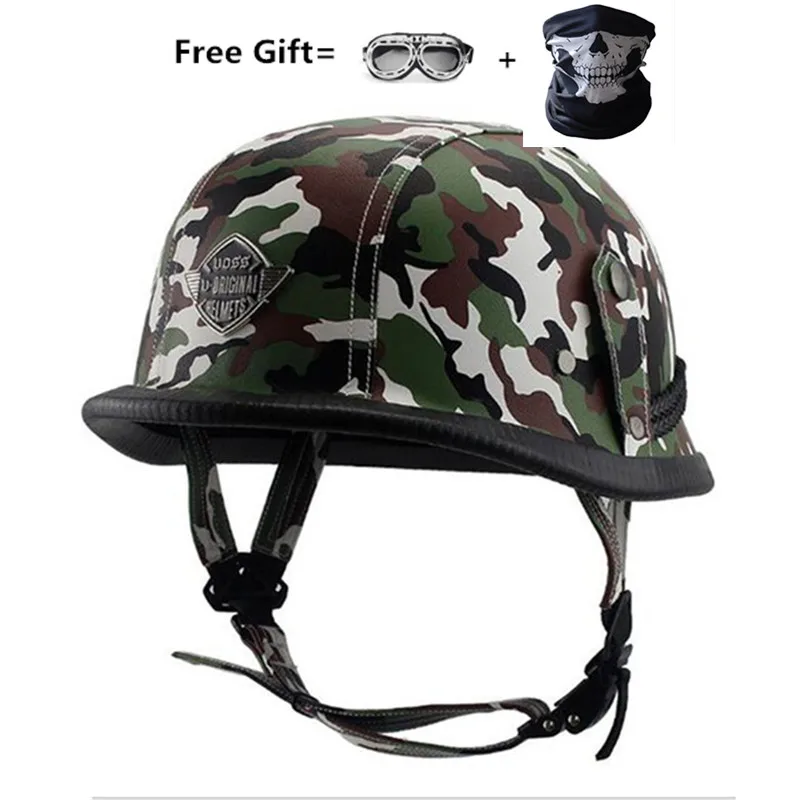 camouflage green Мотоциклетный шлем из искусственной кожи, черный, немецкий, мотоциклетный, с открытым лицом, полушлем, чоппер, байкер, пилот, скутер, Крузер, Мото шлем - Цвет: camouflage green