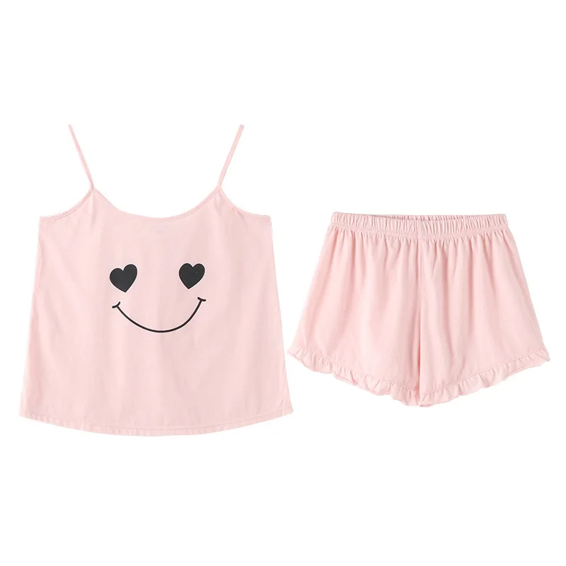 

Summer pajamas new sleeveless knitted cotton neck cartoon sweet strap female camisola sexy lingerie satin lingerie women