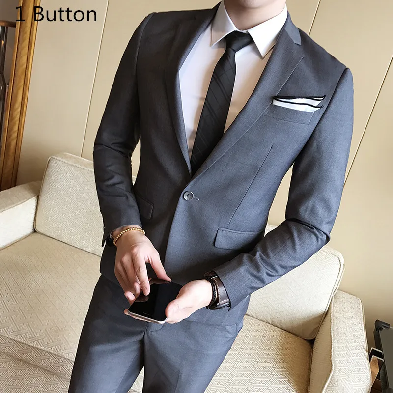 1 buttons Dark Gray Пальто брюки) бизнес-отделка высокое качество мужские костюмы два комплекта свадьбы Повседневные Вечерние Классические Серые Костюмы Блейзер одежда - Цвет: 1 buttons Dark Gray