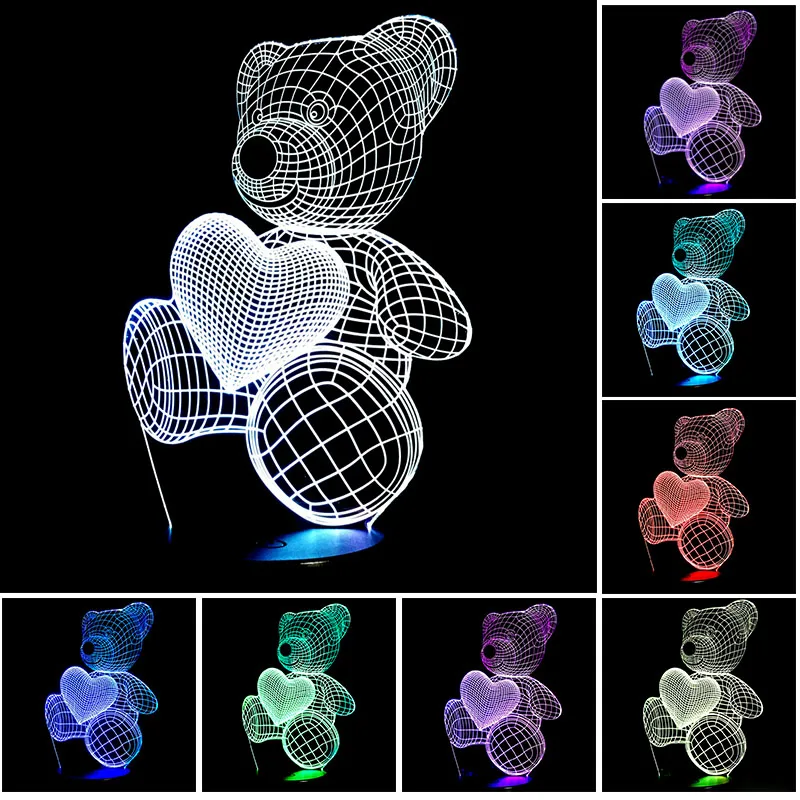 Акриловая Светодиодная лампа в форме милого сердца и медведя 3D ночник для детей