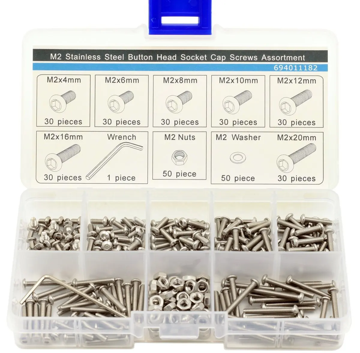 

M2 Button Head Hex Socket Cap Screw,Nut,Washer,Wrench,Assortment Kit,Stainless Steel