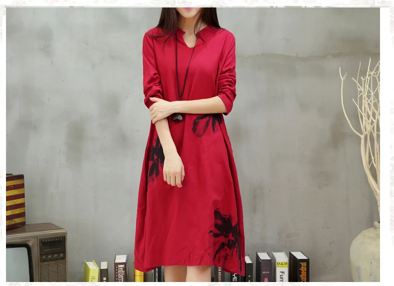 Женское Хлопковое платье с длинным рукавом свободное в национальном стиле