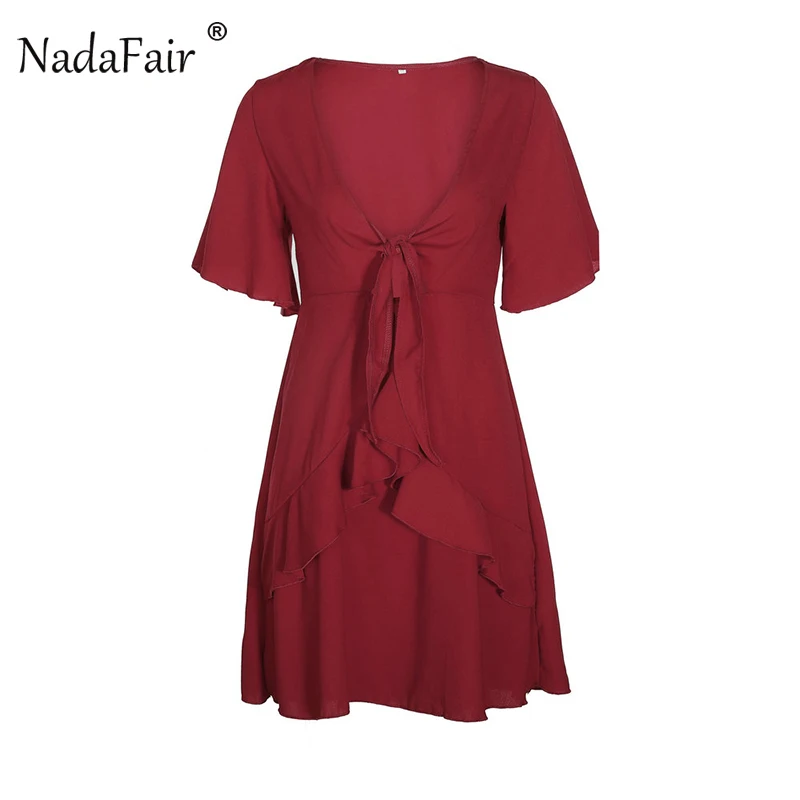 Nadafair модные однотонные оборки Дамское Платье Бандажное летнее платье с бантом