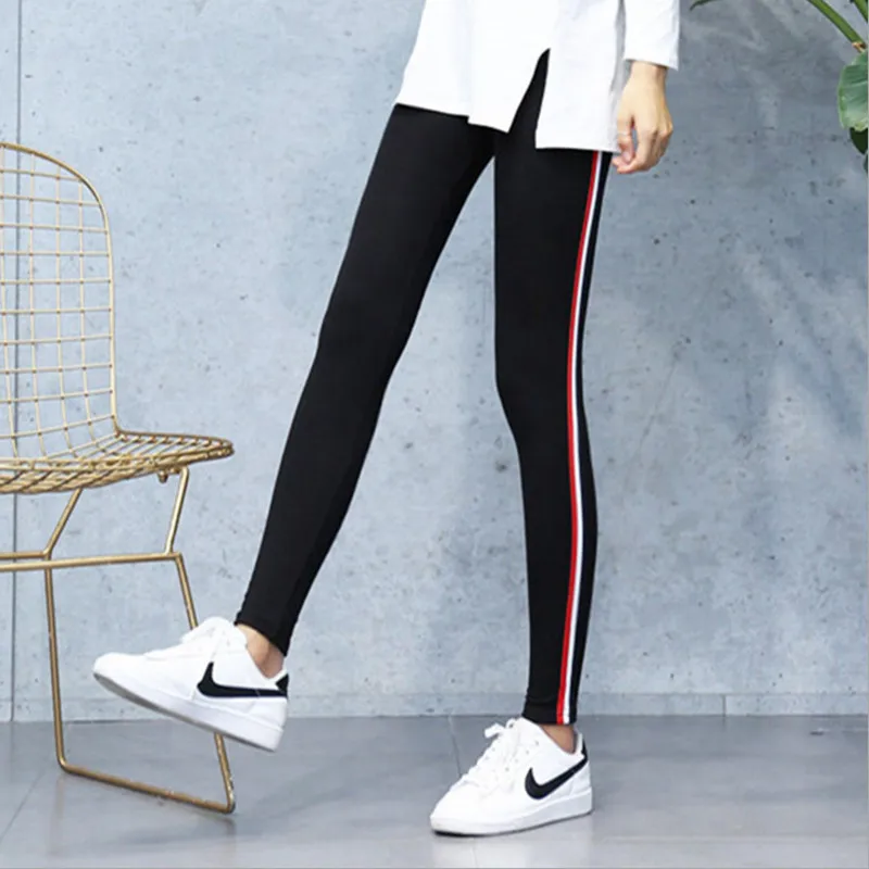 2023 Quality Cotton Leggings Side Stripes Women Casual High-stretch Leggings Pants High Waist Fitness Leggings Female images - 6
