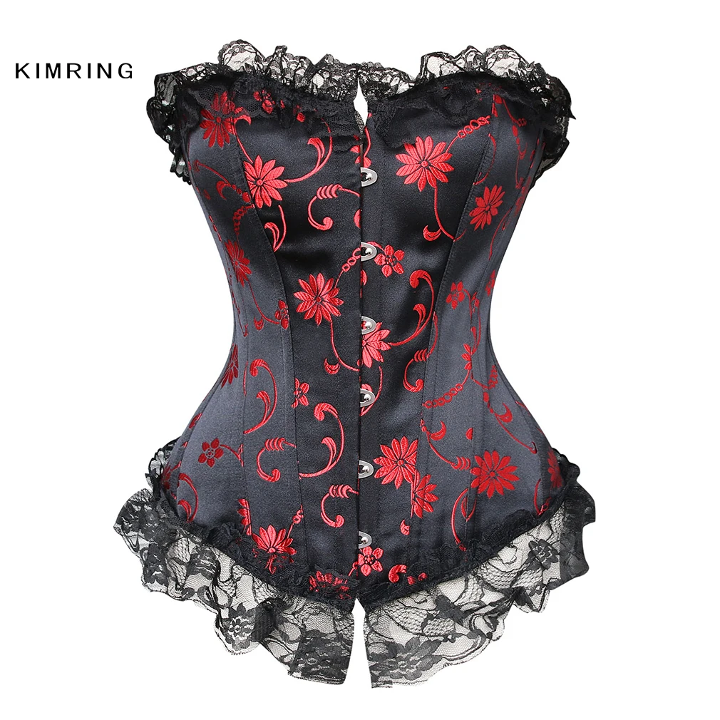 Kimring сексуальный кружевной корсет женские Модные атласа корсет платья Корсеты и бюстье Shaper Бурлеск Overbust корсетные - Цвет: Black