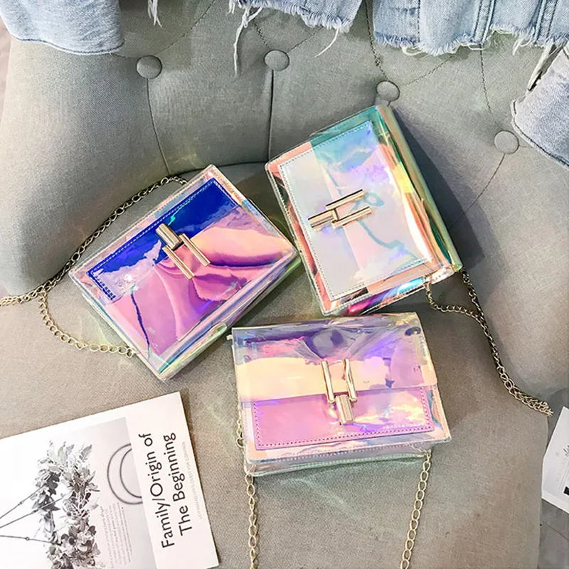 Women Laser Jelly Bags Fashion PVC Transparent Small Tote Chain Flap Crossbody Shoulder Bag Female Shopping Handbag SS7440 | Багаж и сумки