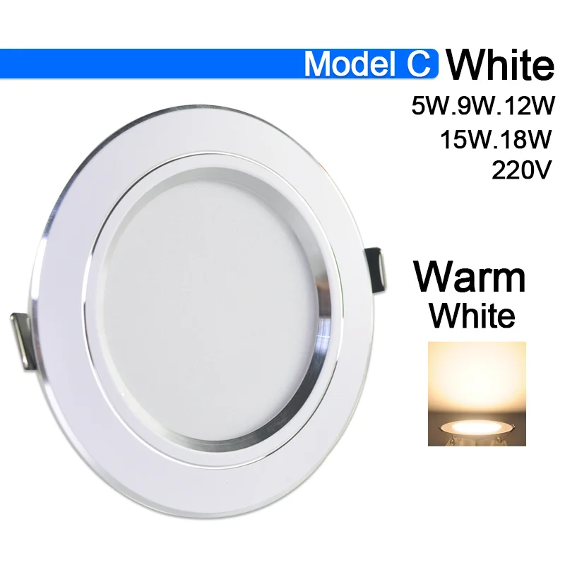 Model C Warm White Светодиодный светильник 3 Вт 5 Вт 9 Вт 12 Вт 15 Вт 18 Вт потолочный светильник AC 220 В 240 в ультра тонкий золото, серебро, Алюминий Круглый Встраиваемый светодиодный точечный светильник - Испускаемый цвет: Model C Warm White