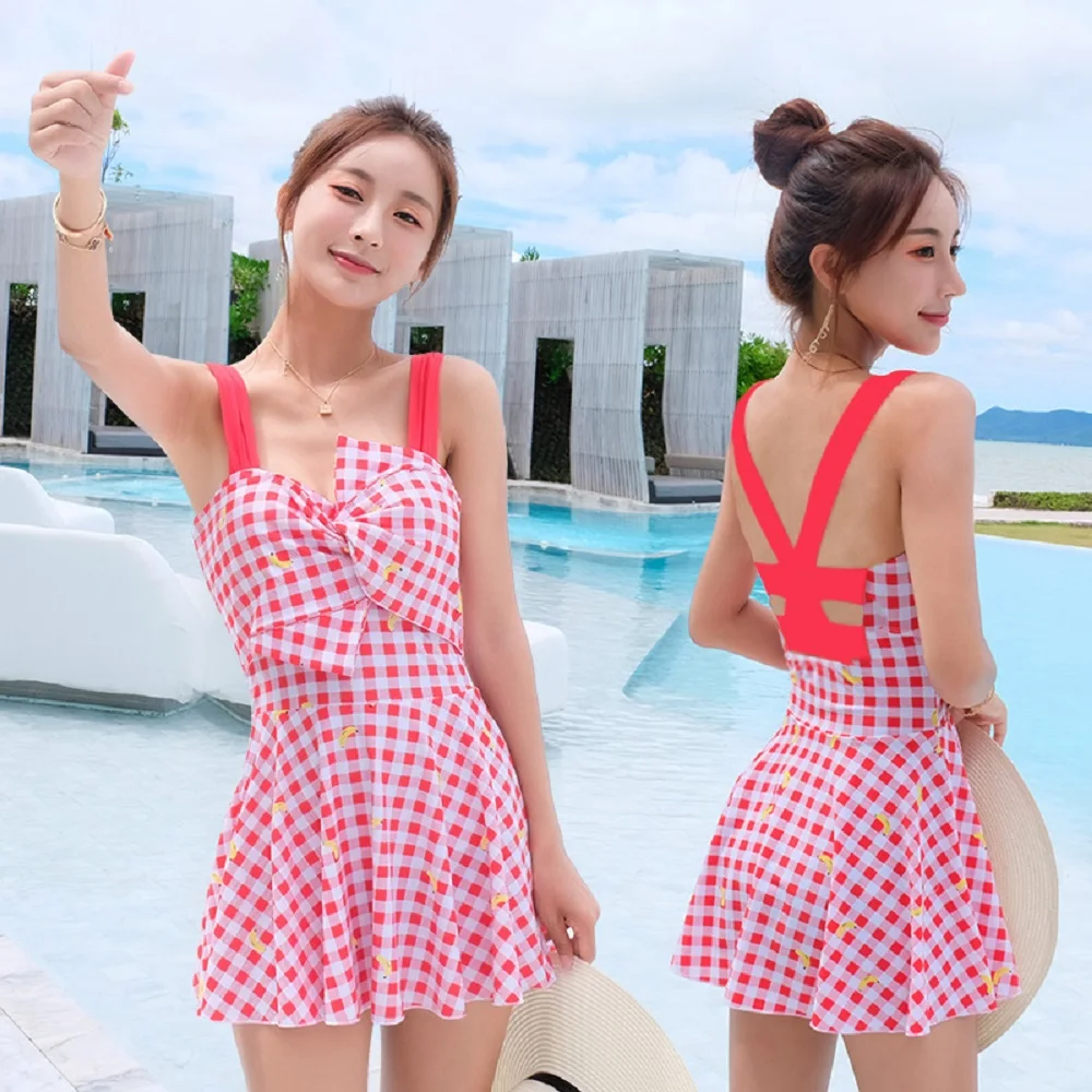 YOUYOU 2018 New One Piece Swimwear Red PlaId Skirt Bathing Suit Sexy Swimming Dress Women Underwire Swimsuit Beachwear Biquini | Спорт и