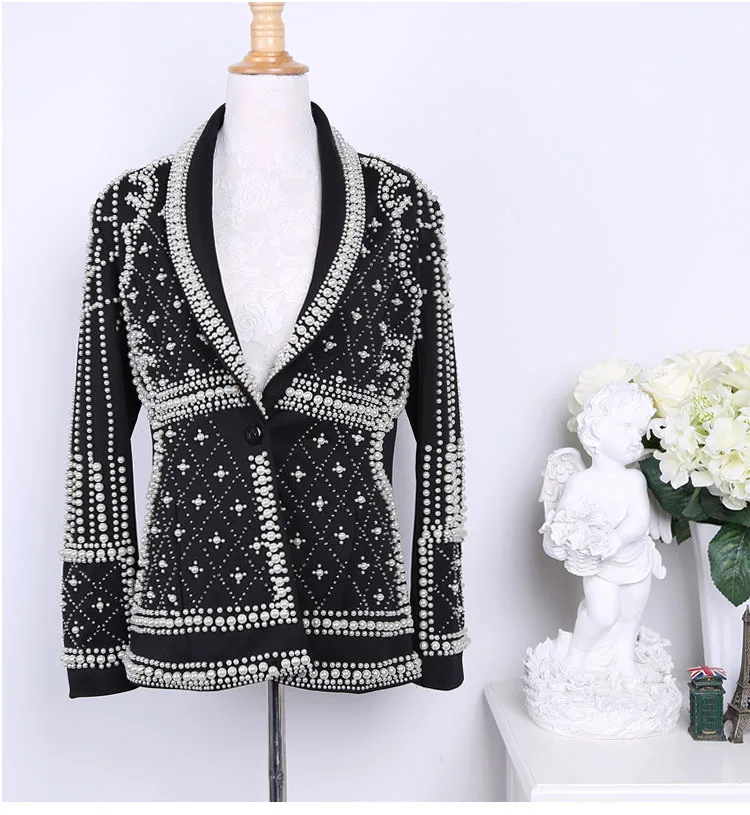 High Quality Handmade Beading Blazers Ladies New Elegant Solid Notched Collar Luxurious Chic Party Pearl Outerwear Suit Jackets