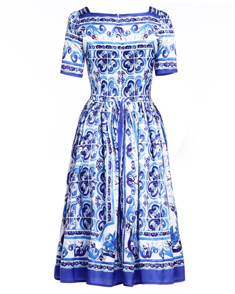Женское платье с квадратным вырезом Svoryxiu, бело-голубое вечернее платье с принтом в виде фарфоровой росписи, большого размера на лето