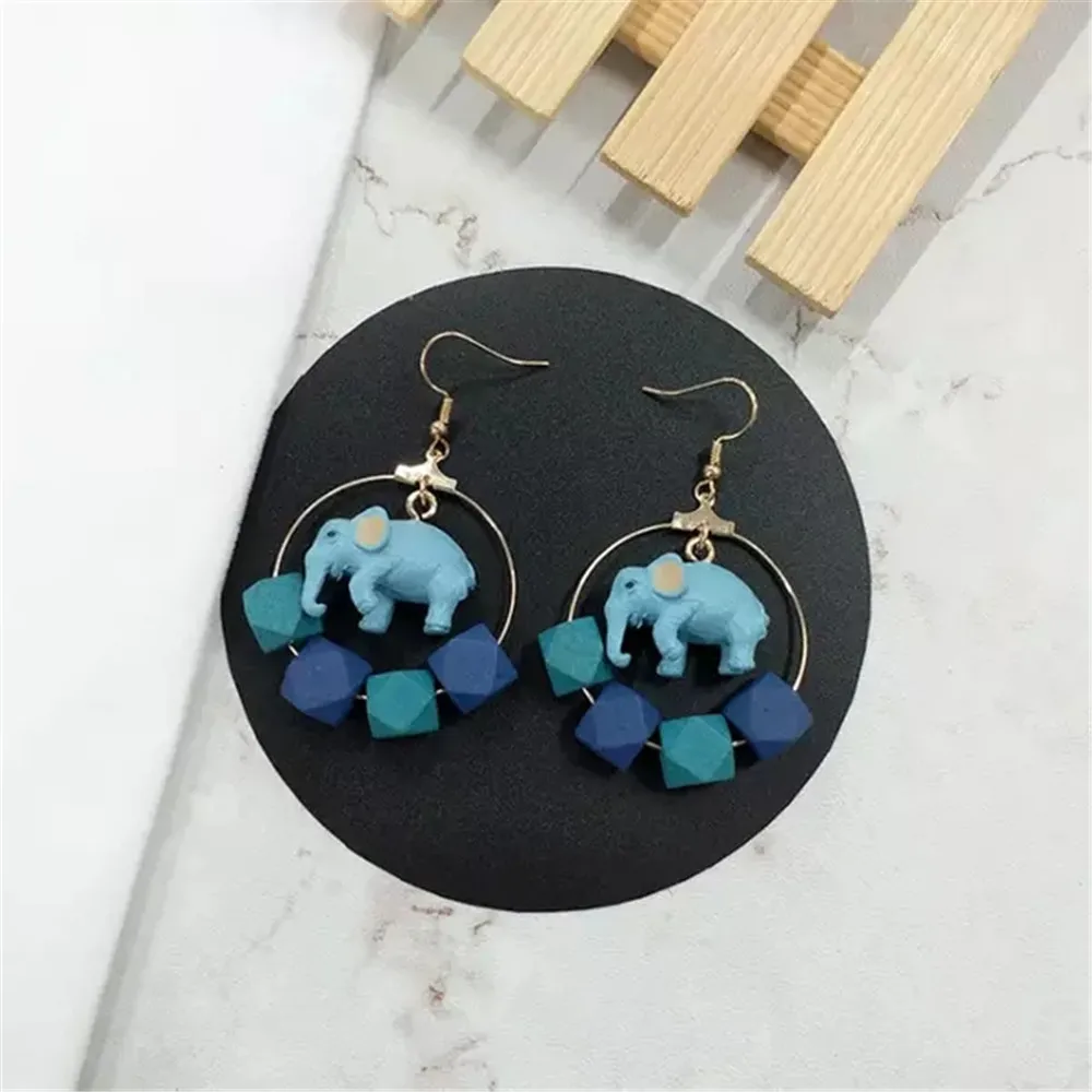 New Sweet Romantic Cartoon Blue Elephant Square Circle Earrings Fashion Jewelry For Women Gift Wholesale Accessories Femme | Украшения и
