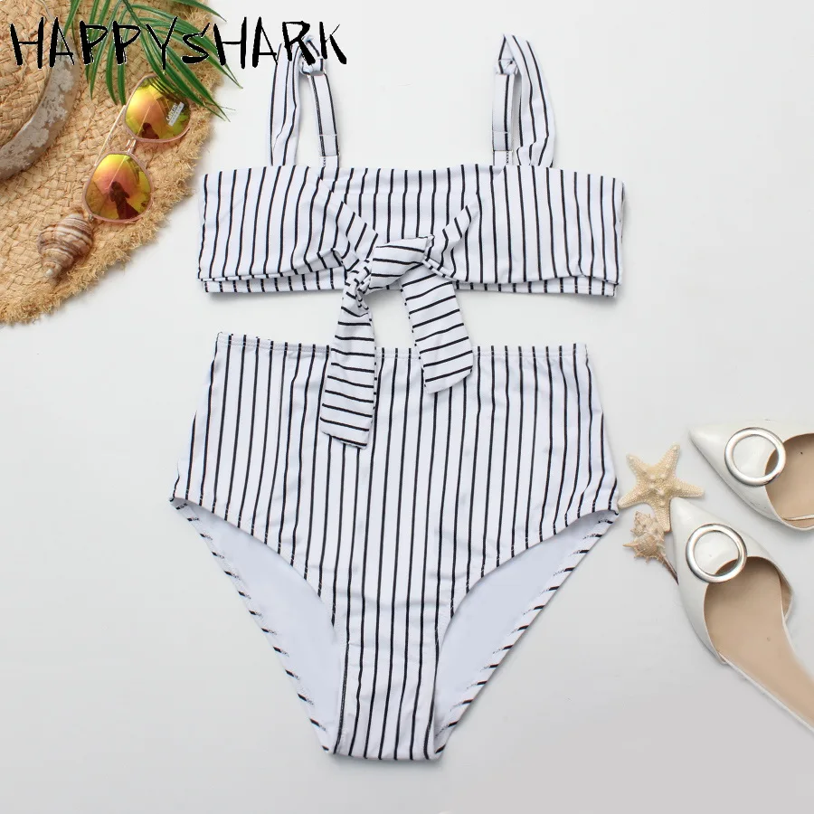 

HAPPYSHARK Buckle High Waist Swimsuit 2019 New Hollow Out White Bikinis Butterfly Tie Biquinis Stripe Swimwear Summer Beachwear