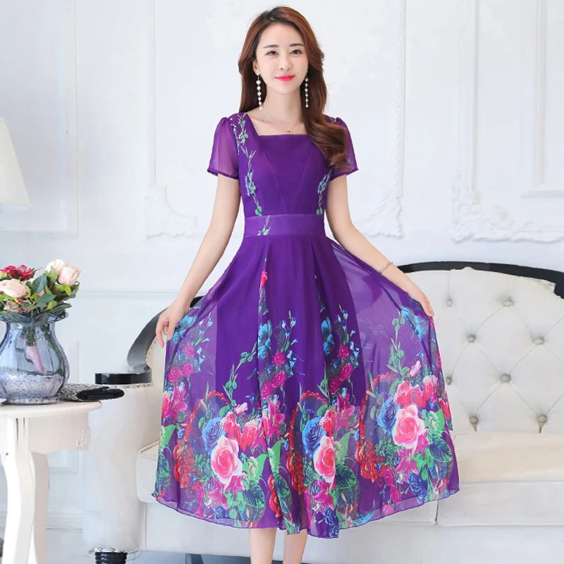 2019 Модное шифоновое Летнее Длинное Платье с принтом женское облегающее