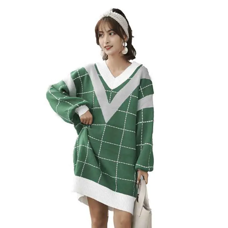 Loose Knitted Sweater V Neck Female 2018 Women Sweaters dress Pullovers Autumn Long Sleeve Jumper | Женская одежда