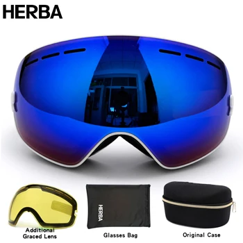 Новинка, HERBA, брендовые лыжные очки, двойные, UV400, анти-туман, большая Лыжная маска, очки для катания на лыжах, для мужчин и женщин, очки для сноуборда, HB3-3 - Цвет: White Frame Blue