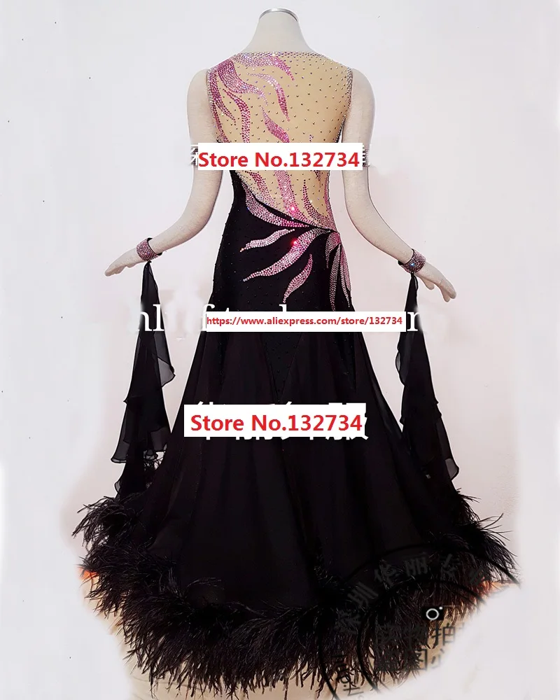 Платье с черными перьями модное платье для танцев стандартное бальных костюм