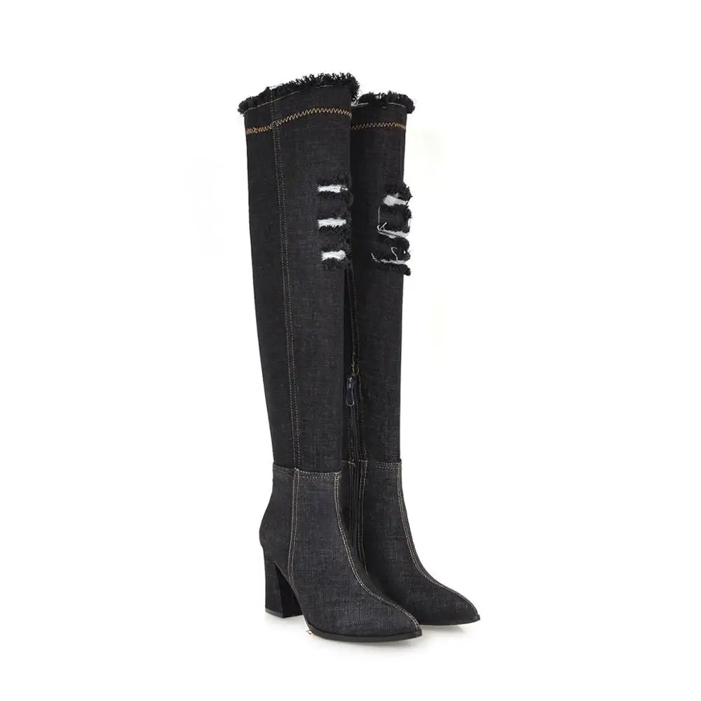 Черный Весенне-осенние джинсовые сапоги; женские Сапоги выше колена на высоком каблуке; сапоги до бедра наивысшего качества; модная пикантная женская обувь из джинсовой ткани синего цвета - Цвет: Черный