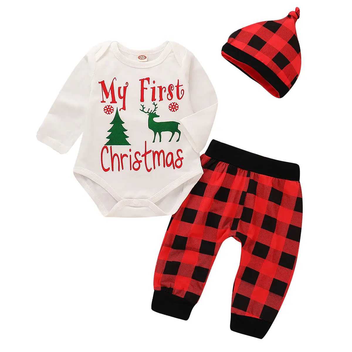 Emmaaby My First Christmas/Одежда для новорожденных мальчиков и девочек, буква принт комбинезон+ клетчатые длинные штаны+ шапочка, комплект из 3 предметов, UK - Цвет: W