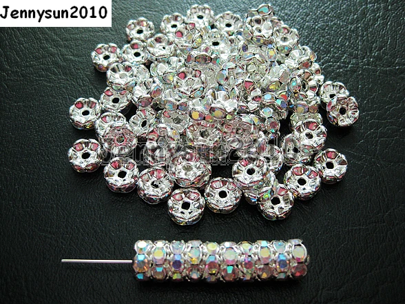 

200pcs/lot 10mm Top Quality Czech Clear AB Crystal Rhinestone Pave Wavy Rondelle Metal Sliver Plated Spacer Loose Beads Jewelry