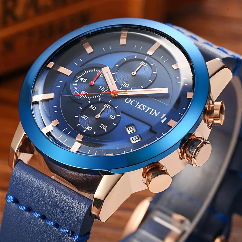 Часы хронограф мужские Кварцевые водонепроницаемые с кожаным ремешком|saat men|saat