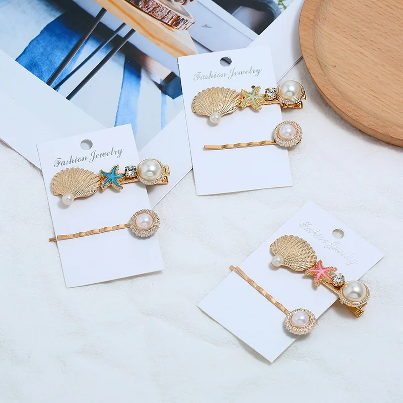 2/3pcs Summer Beach Shell Metal Hairpins Fashion Pearl hairgrip Mermaid Starfish HairClips Women Hair Accessories Adult Headwear