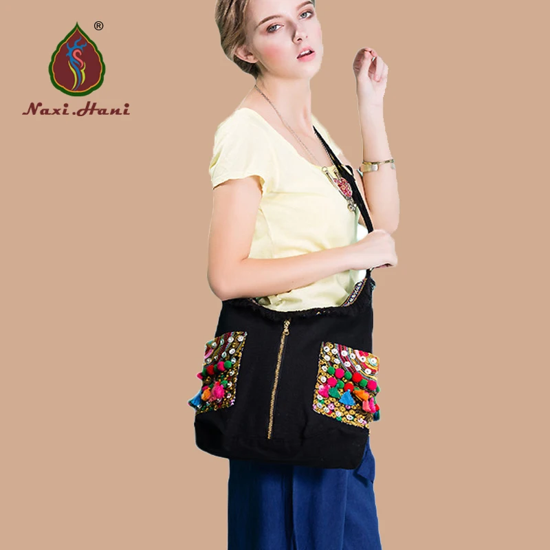 Naxi.Hani Classic fashion black canvas women handbags Ethnic handmade sequins tassel messenger bags