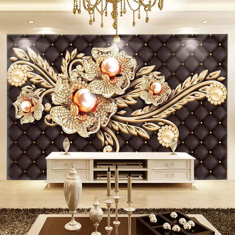 

Custom Large Mural Wallpaper 3D Black Jewel Diamond Pearl Flower European Style Living Room Bedroom TV Background Wall Painting