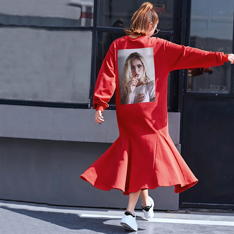 GALCAUR Batwing Sleeve Women Dress Long Character Loose Big Size Dresses Female Ruffles Clothes Spring Fashion Vestidos | Женская одежда