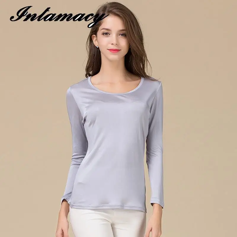 Осенняя новая шелковая двойная вязка Классическая футболка с длинным рукавом 100%