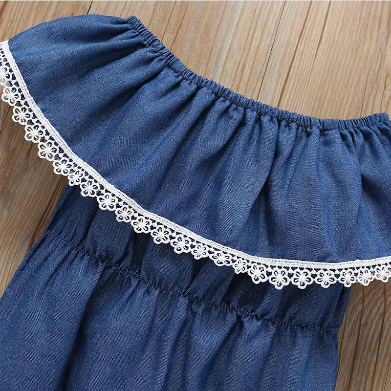 Новый стиль 2019 джинсовый милый женский комбинезон из хлопка с кружевом|Ромперы| |