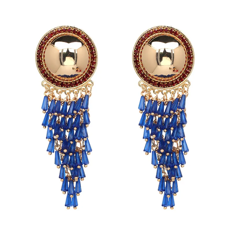 Модные женские висячие серьги Boho с кристаллами и бусинами, женские серьги с бахромой, ювелирные изделия, серьги с кисточками - Окраска металла: Blue1