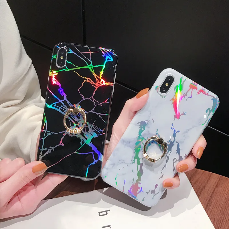 Мраморный чехол для iPhone 11 Pro Xs Max Xr X лазерный держатель подставка кольцо чехлы