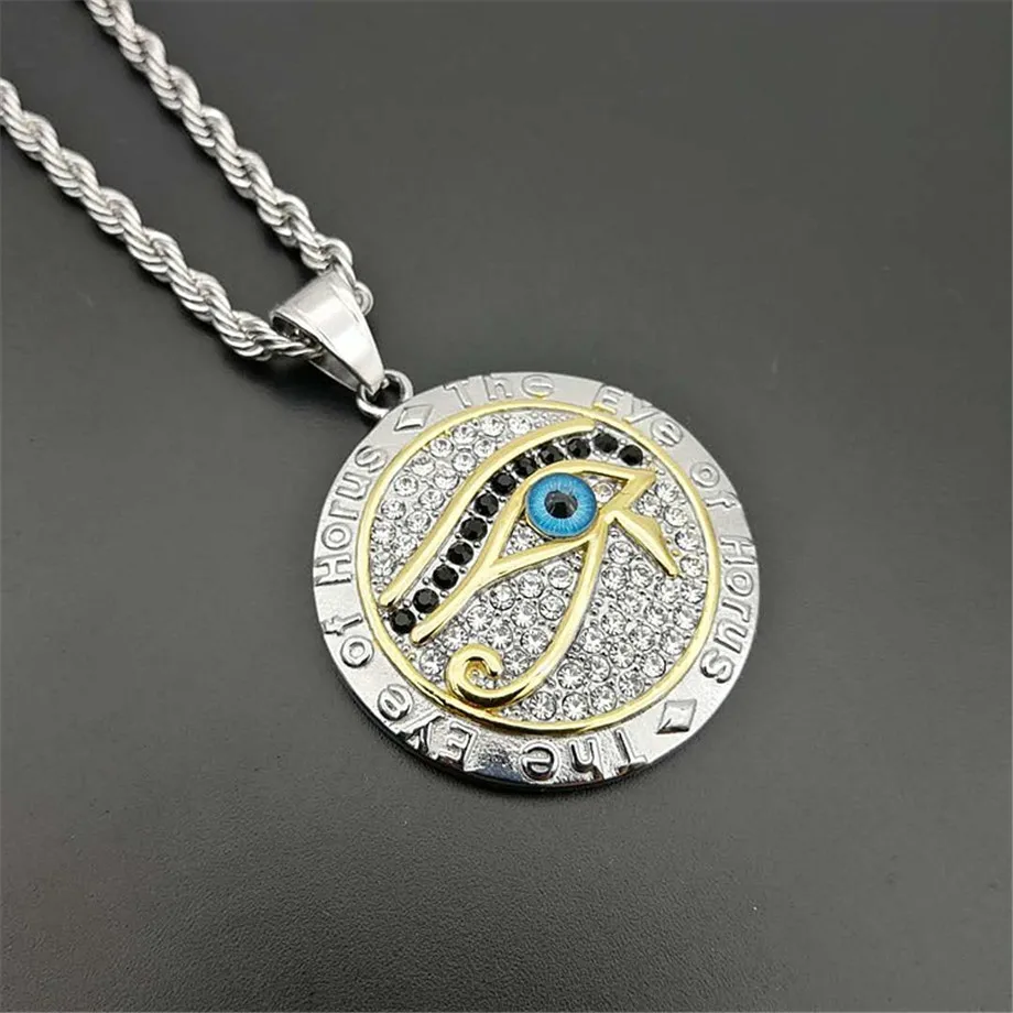 Фото Egyptian Eye of Horus Necklace Pendant & Chain For Men Women Gold Color Stainless Steel Round Hiphop Ancient Egypt Jewelry N1238 №3