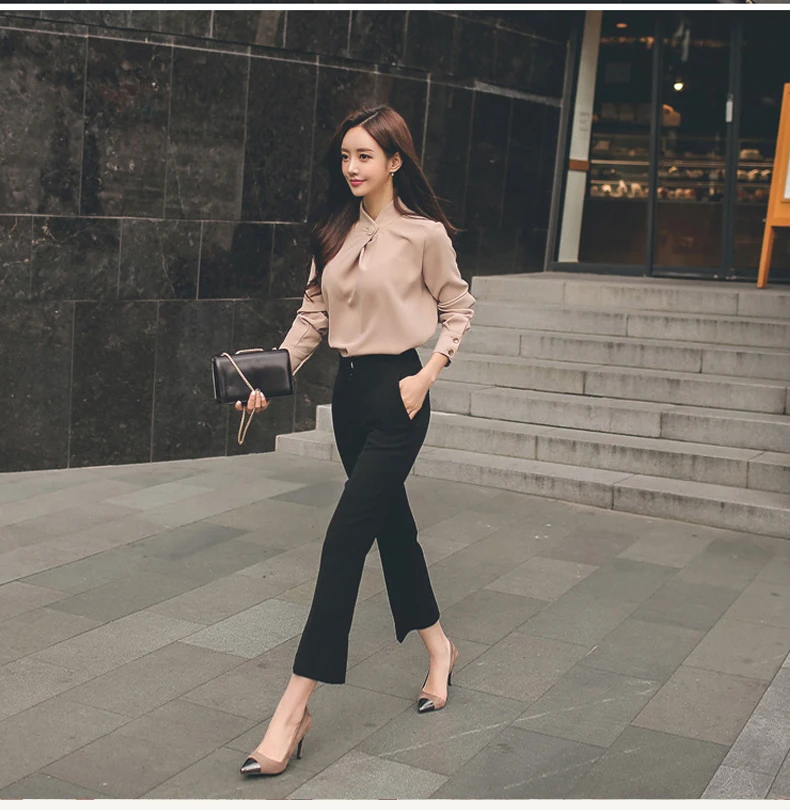 Blusas mujer de moda, винтажный шифоновый свитер, осенняя стильная женская блузка, рубашка с длинным рукавом и стоячим воротником, Свободная блуза 1478 45