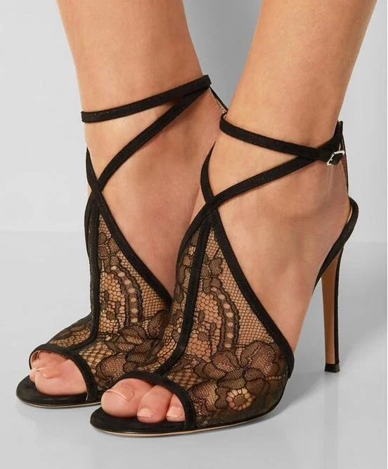 

Sexy Black Lace Strappy Sandals Women Peep Toe Ankle Strap Cross High Heel Banquet Dress Shoes Ladies Gladiator Sandals Shoes