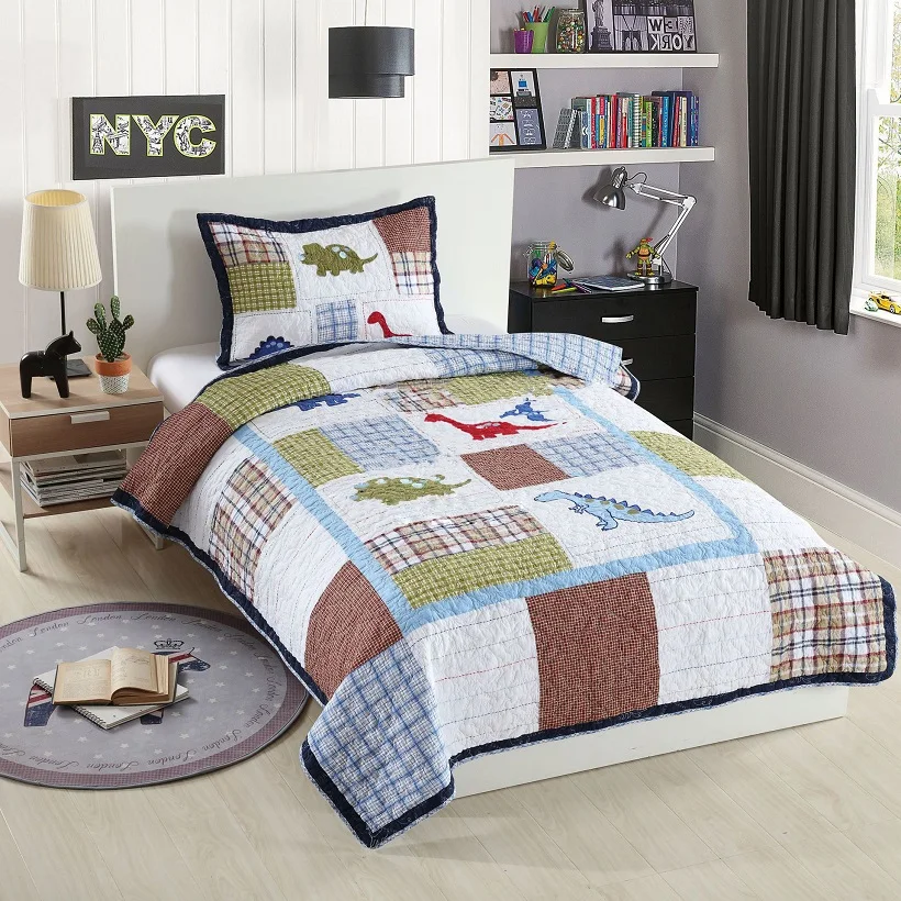 

CHAUSUB Kids Quilt Set Dinosaur Applique 2PCS Bedspread on the Bed Boy's Cotton Bed Cover Twin Size Patchwork Coverlet
