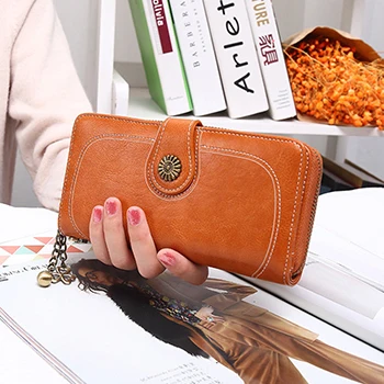 long brown wallet Кошелек, женские кошельки из искусственной кожи, фирменный дизайн, роскошный длинный кошелек, клатч, кошельки, женская сумка, женская сумка, Ретро стиль, Carteira Feminina - Цвет: long brown wallet