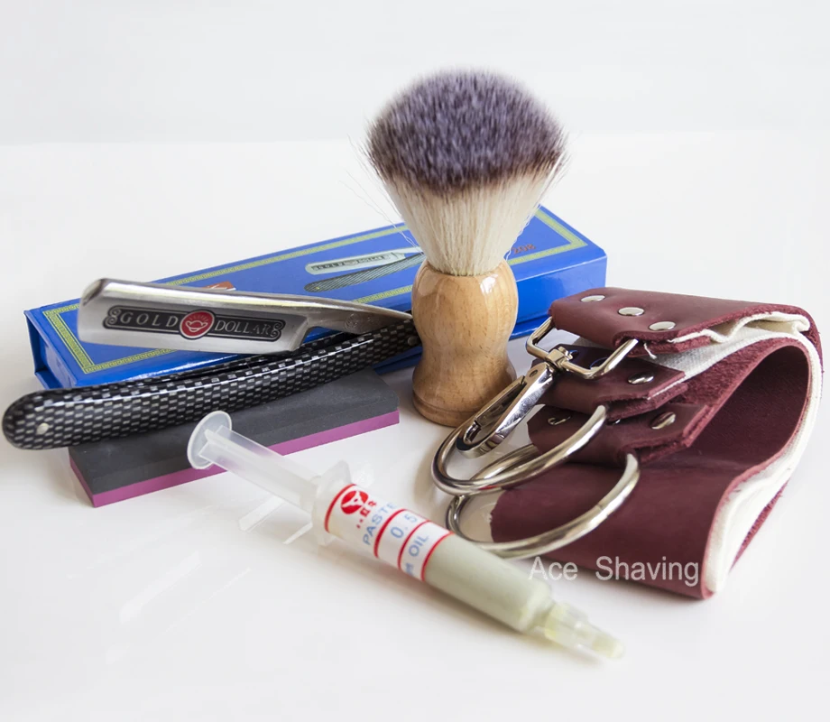 Barber Shaving Set Folding Knife Straight Razor Blade Sharpening Paste Leather Strop Stone Beard Brush