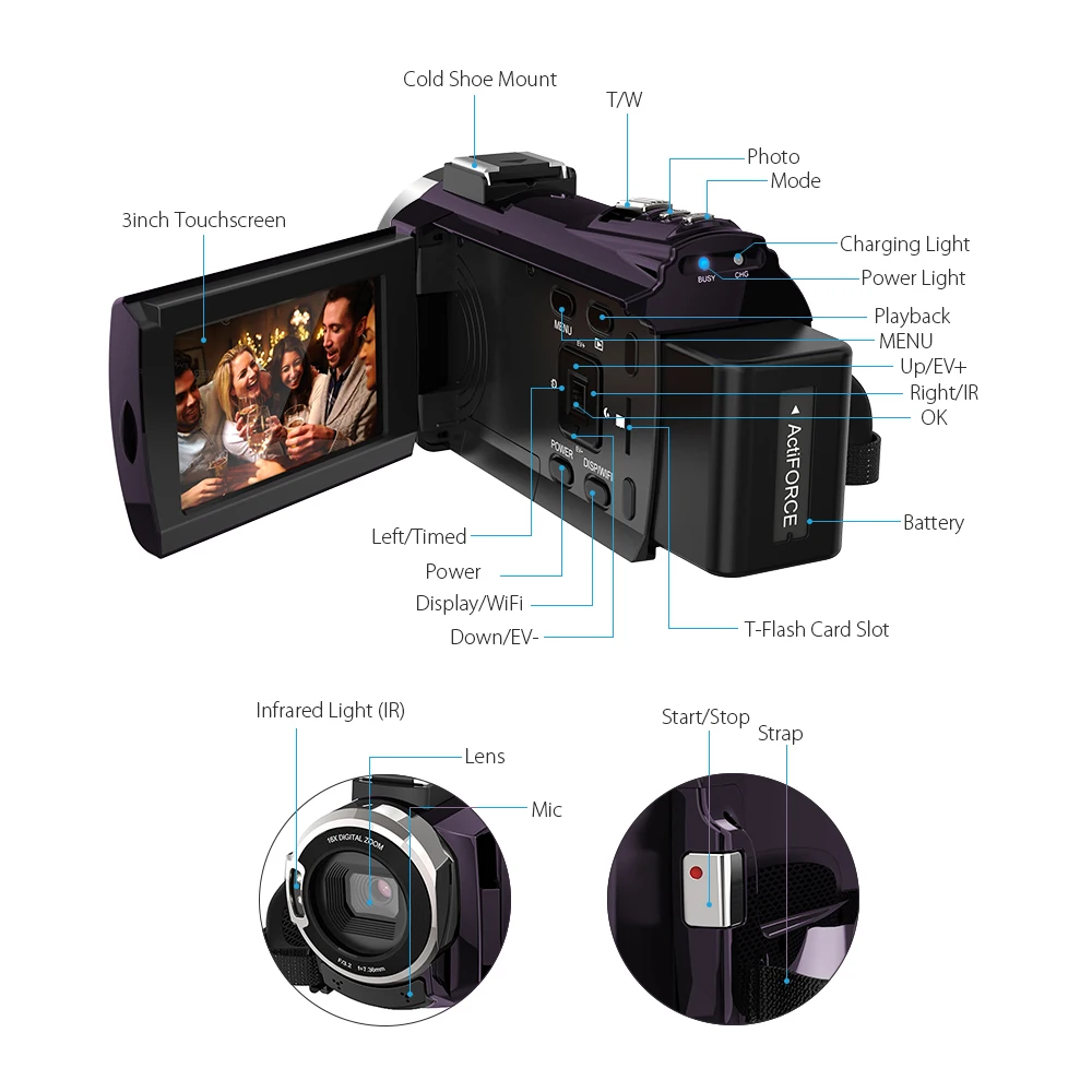 Цифровая видеокамера Andoer Wi Fi 4K 1080P 48 МП с сенсорным экраном|Любительские